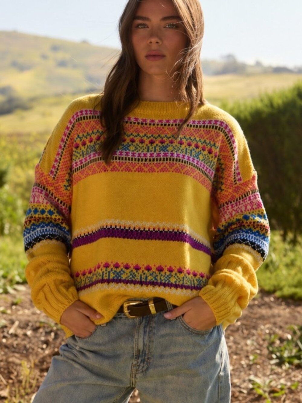 EASEL Mustard Yellow Fair Isle Distressed Sweater sz L